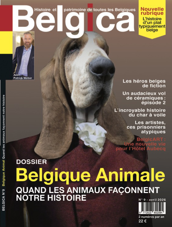 Couverture du magazine Belgica du mois d'avril 2026 -en couverture un chien (modèle Dandy) créé par philippe Tyberghien
